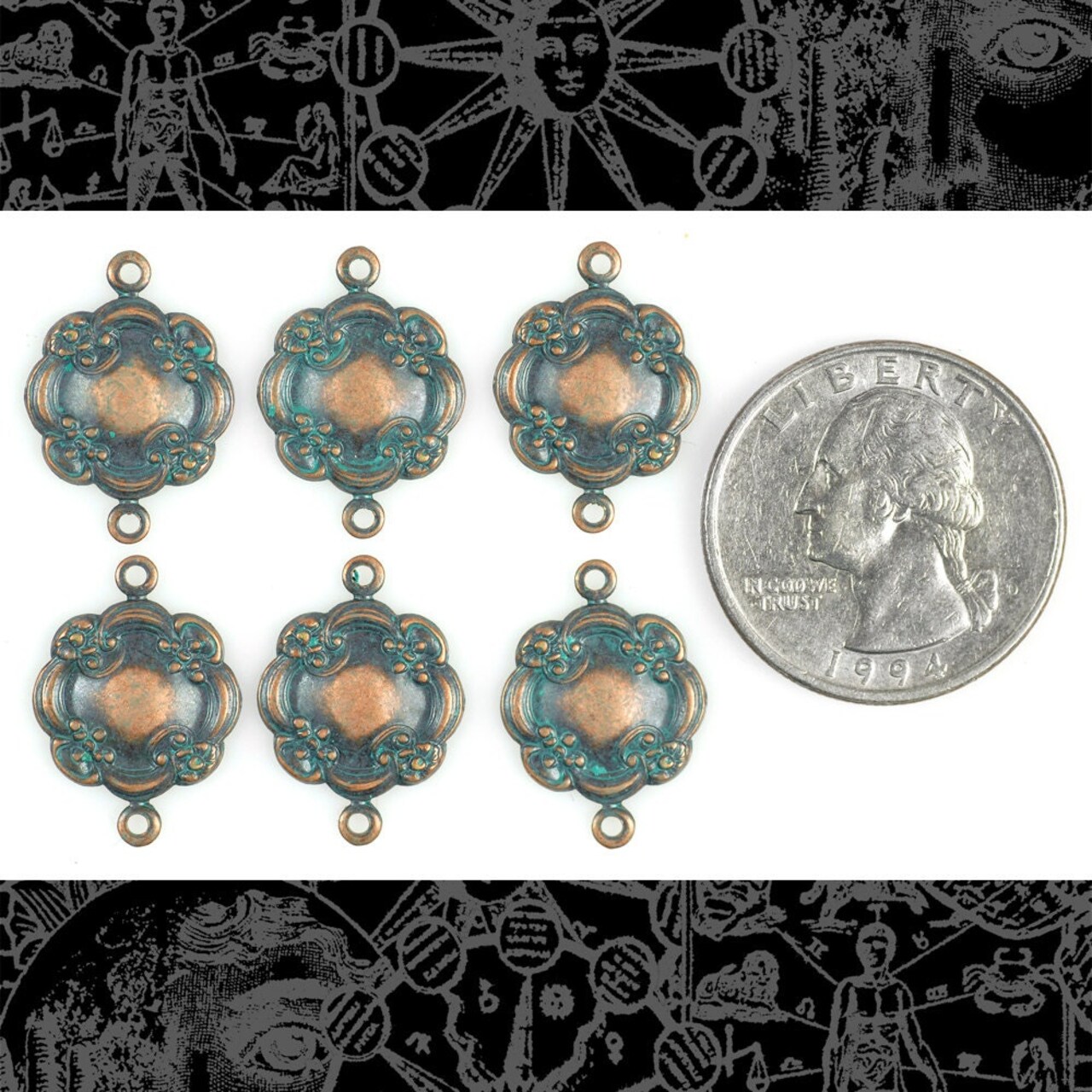 Verdigris Finished Brass Dimpled Floral Cloud Two Ring Connectors - Set of Six - V-2C47